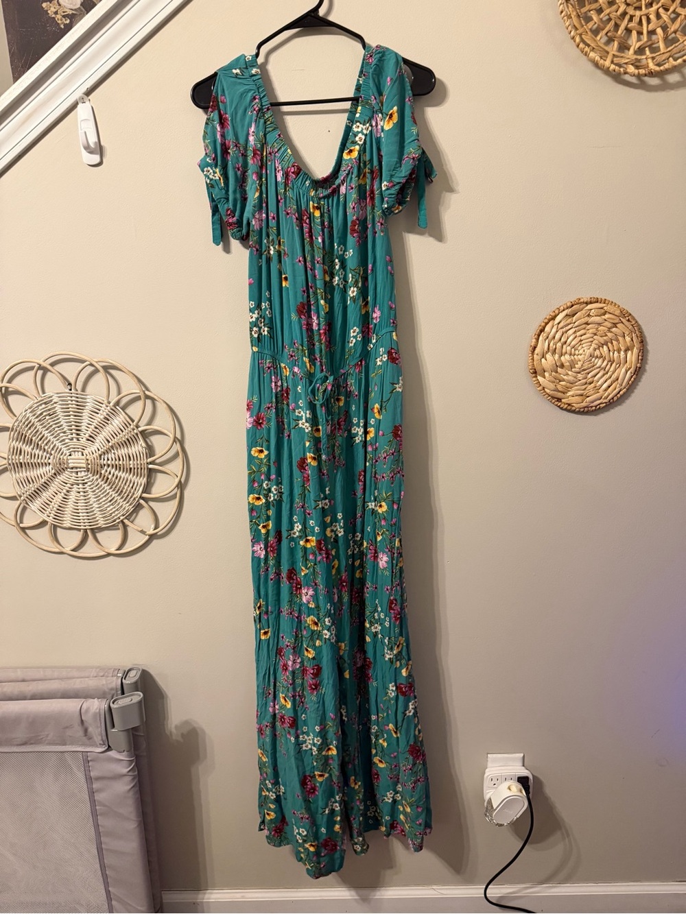 Xhilaration Teal Floral One-Shoulder Jumpsuit with Tie Sleeves| L